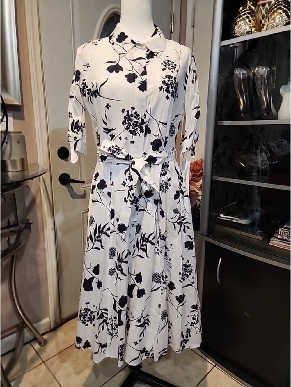 calvin klein dress 10 Vietnam RN54163 CA#57151 100% Cotton White Black Floral